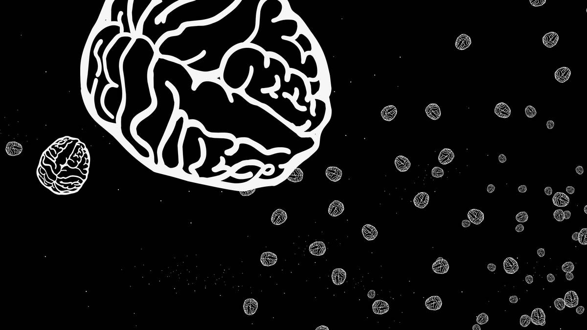 Still uit de animatie van 'The Guts of the Neuroscientist': abstracte voorstelling van hersenen en neurowetenschappelijke concepten